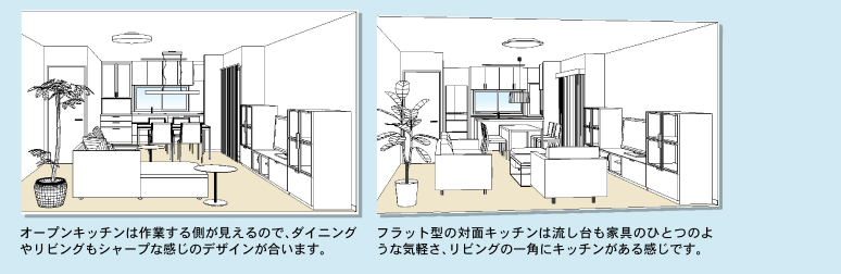 いろいろなキッチンをリビングから見てみましょう。