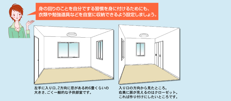 身の回りのことを自分でする習慣を身に付けるためにも、衣類や勉強道具などを自室に収納できるよう設定しましょう。