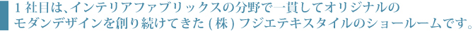 1社目は、インテリアファブリックスの分野で一貫してオリジナルのモダンデザインを創り続けてきた(株)フジエキスタイルのショールームです