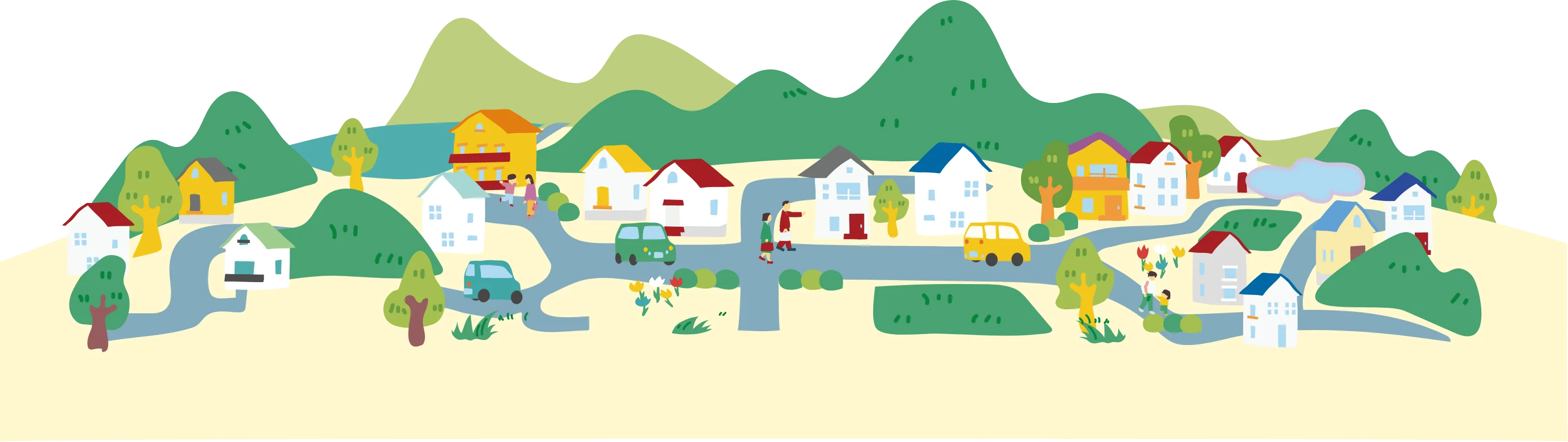 住宅が立ち並ぶ街並みのイラスト