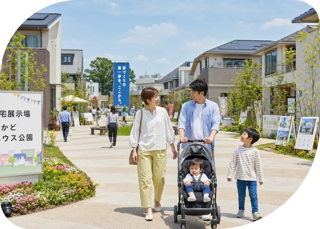 総合住宅展示場を散策する家族