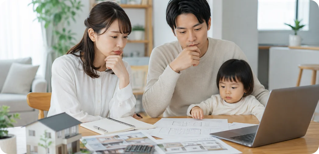 住まいの資料を見ながら相談する家族