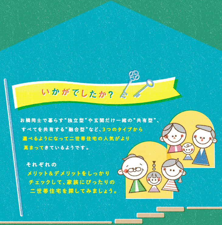 いかがでしたか？ お隣同士で暮らす“独立型”や玄関だけ一緒の“共有型”、すべてを共有する“融合型”など、3つのタイプから選べるようになって二世帯住宅の人気がより高まってきているようです。 それぞれのメリット＆デメリットをしっかりチェックして、家族にぴったりの二世帯住宅を探してみましょう。
