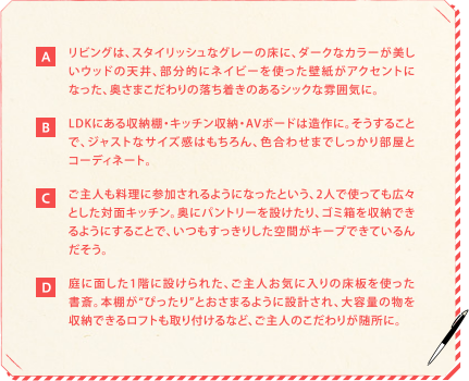 【A】リビングは、スタイリッシュなグレーの床に、ダークなカラーが美しいウッドの天井、部分的にネイビーを使った壁紙がアクセントになった、奥さまこだわりの落ち着きのあるシックな雰囲気に。【B】LDKにある収納棚・キッチン収納・AVボードは造作に。そうすることで、ジャストなサイズ感はもちろん、色合わせまでしっかり部屋とコーディネート。【C】ご主人も料理に参加されるようになったという、2人で使っても広々とした対面キッチン。奥にパントリーを設けたり、ゴミ箱を収納できるようにすることで、いつもすっきりした空間がキープできているんだそう。【D】庭に面した1階に設けられた、ご主人お気に入りの床板を使った書斎。本棚が“ぴったり”とおさまるように設計され、大容量の物を収納できるロフトも取り付けるなど、ご主人のこだわりが随所に。